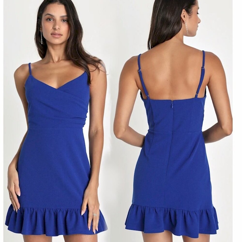 Lulus Impeccable Essence Royal Blue Surplice Tiered Mini Dress Size Small NWOT